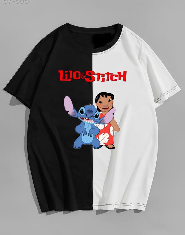 Футболка унісекс чорно-біла оверсайз з принтом Lilo & Stitch, бавовна/поліестер