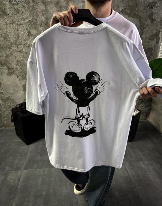 Футболка чоловіча біла оверсайз з принтом Mickey Mouse, бавовна