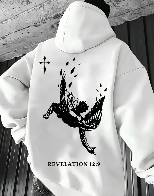 Чоловіче худі oversize біле з принтом Revelation 12:9, бавовна, повсякденний одяг, весна