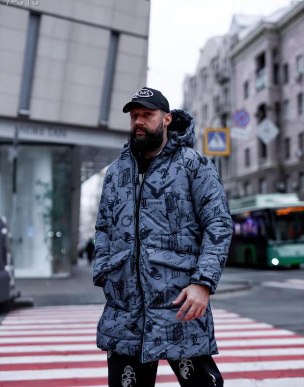 Куртка чоловіча сіра з принтом утеплена з капюшоном - Фото 4