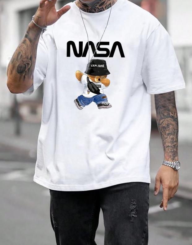 Футболка чоловіча біла оверсайз з принтом NASA і ведмедем, бавовна