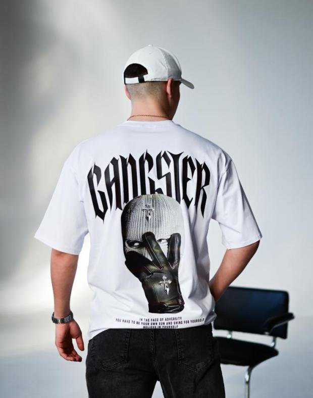 Футболка чоловіча біла оверсайз з DTF принтом Gangster, трикотаж