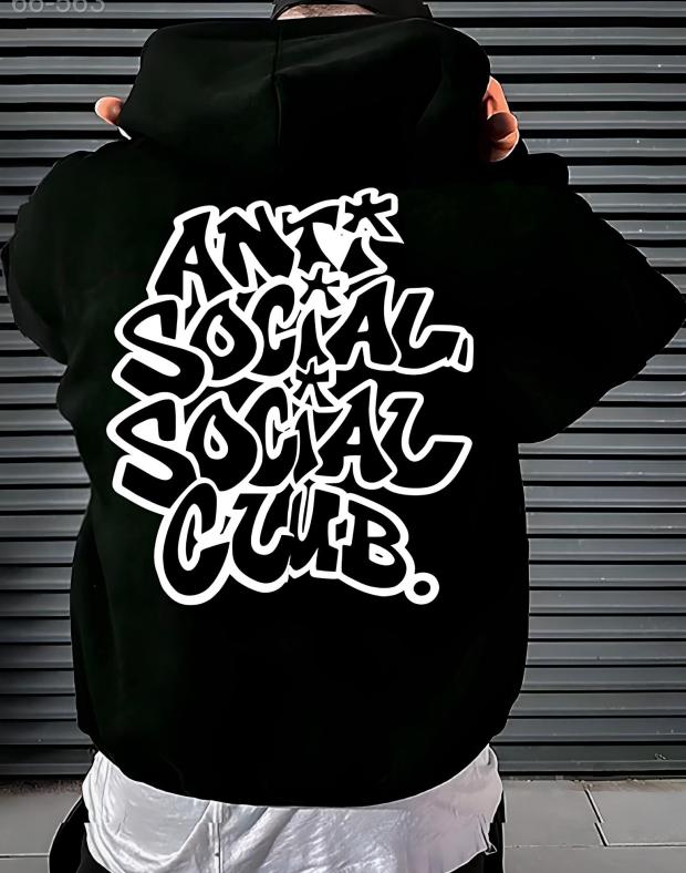 Худі чоловіче чорне оверсайз з принтом Anti Social Social Club, трьохнитка петля