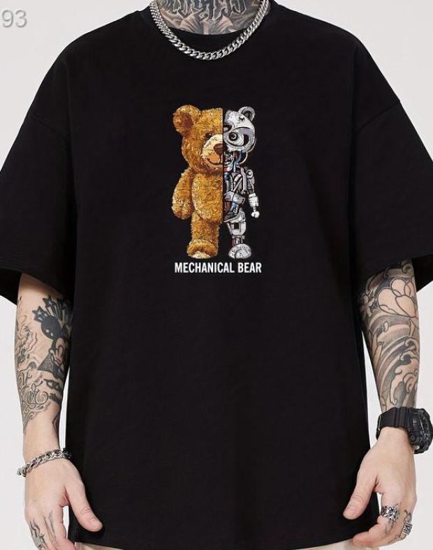 Чорна чоловіча футболка оверсайз з принтом Mechanical Bear, 100% бавовна