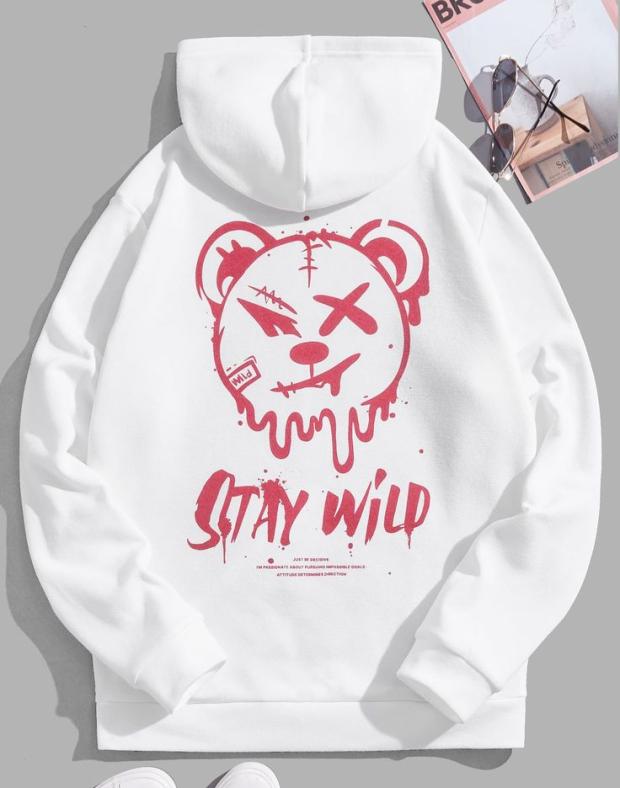 Чоловіче біле худі оверсайз з принтом ведмедя Stay Wild, бавовна