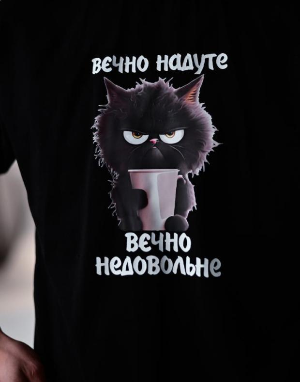 Футболка чоловіча чорна оверсайз з принтом з котом, бавовна