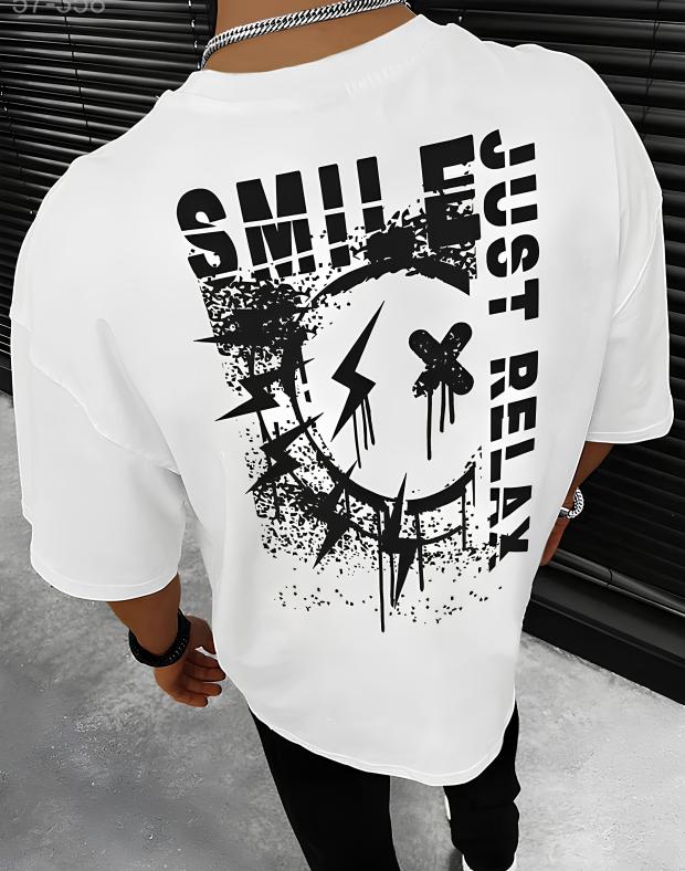Біла чоловіча футболка оверсайз з принтом Smile, 100% бавовна
