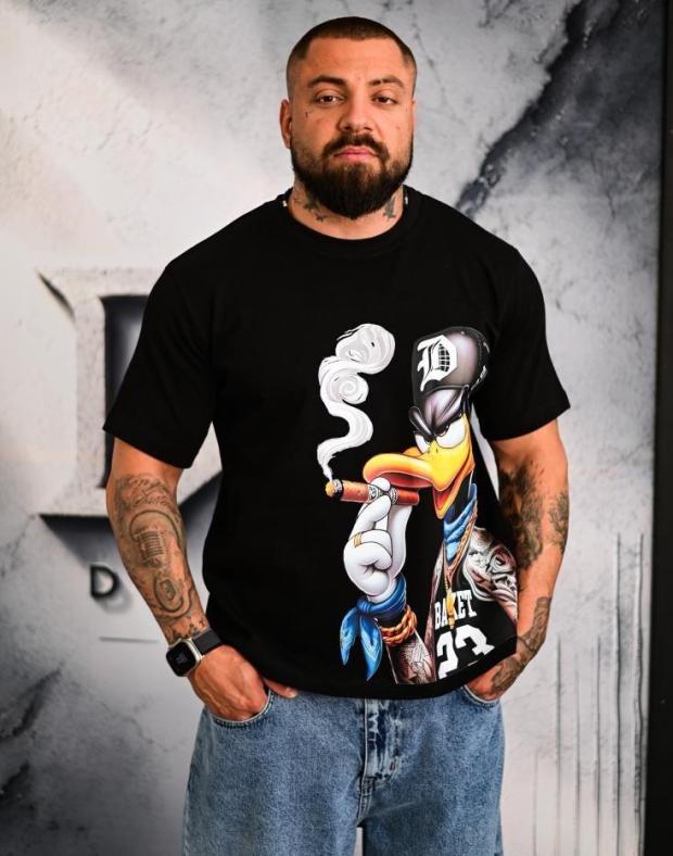 Футболка чоловіча чорна оверсайз з DTF-принтом качки streetwear, бавовна та поліестер