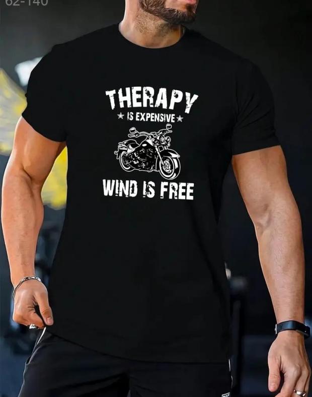 Чорна чоловіча футболка з коротким рукавом з принтом мотоцикла Therapy is Expensive Wind is Free, 100% бавовна