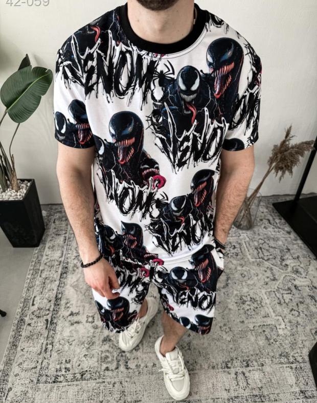 Комплект Футболка+Шорти чоловічий білий з принтом Venom, бавовна поліестер