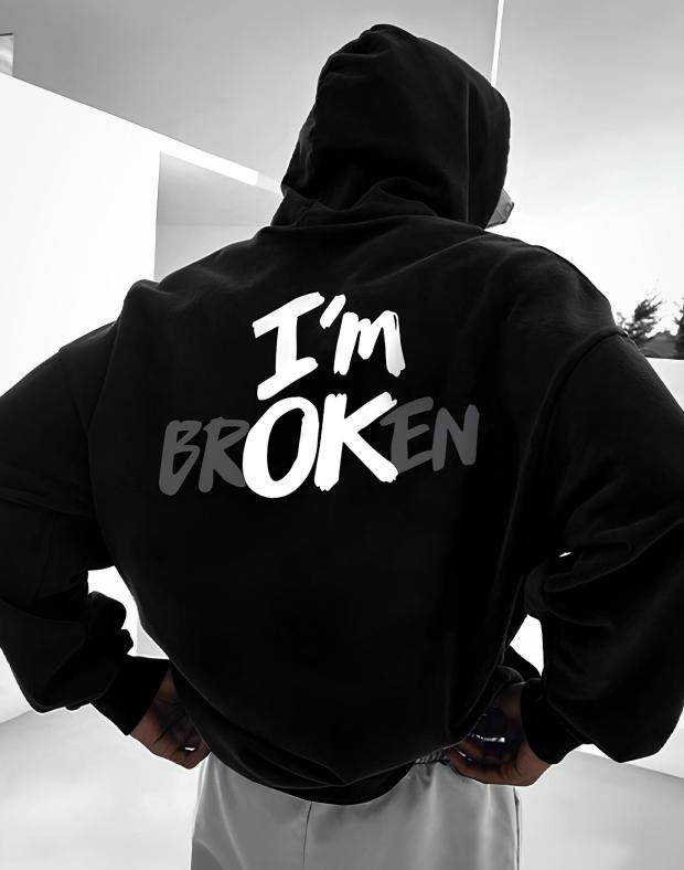 Худі унісекс чорне оверсайз з принтом I'm BROKEN/OK, тринитка