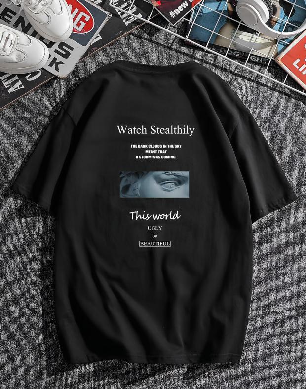 Футболка чоловіча чорна оверсайз з принтом Watch Stealthily, трикотаж