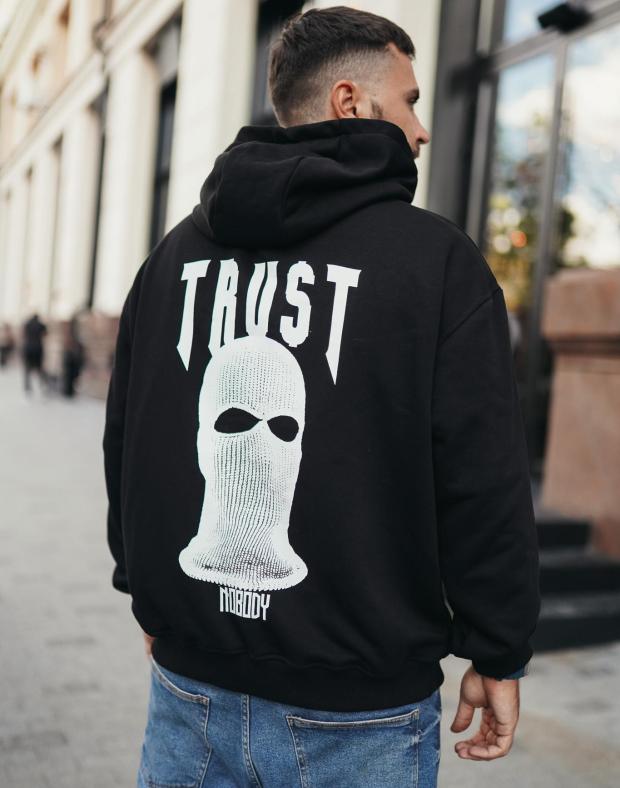 Чоловіче чорне худі оверсайз з принтом TRUST, бавовна, тепле