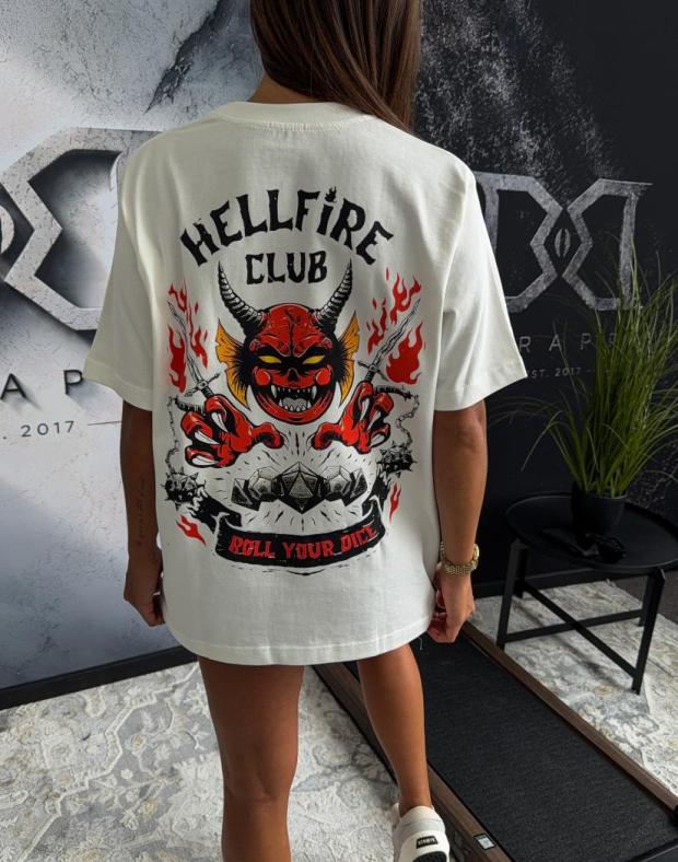 Футболка жіноча біла оверсайз з яскравим принтом Hellfire Club, трикотаж