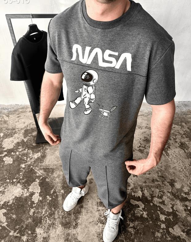 Чоловічий літній костюм футболка та шорти сірий з принтом NASA, турецька трикотажна тканина