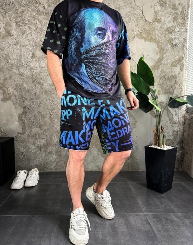 Костюм чоловічий літній — футболка та шорти, чорний, з яскраво-зеленим принтом, бавовна з поліестером, Drapp