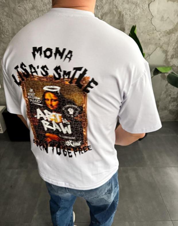 Футболка чоловіча біла оверсайз з принтом Mona Lisa, бавовна та поліестер