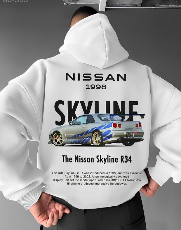 Худі чоловіче біле оверсайз з принтом Nissan Skyline R34, тринитка петля