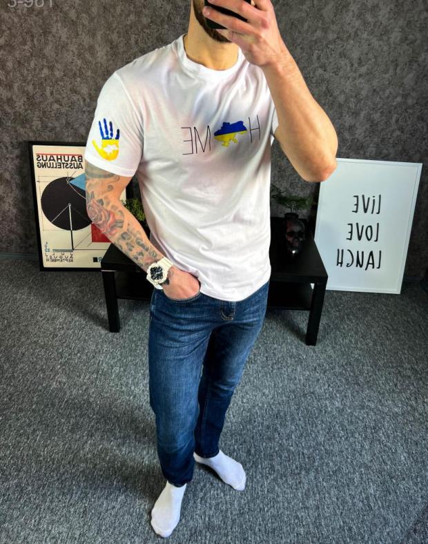 Футболка чоловіча біла з принтом HOME та картою України, бавовна