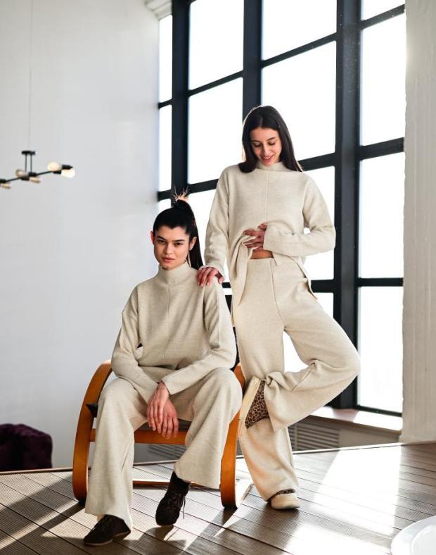Спортивний костюм жіночий світло-бежевий relaxed fit бавовна, осінь/зима - Фото 7