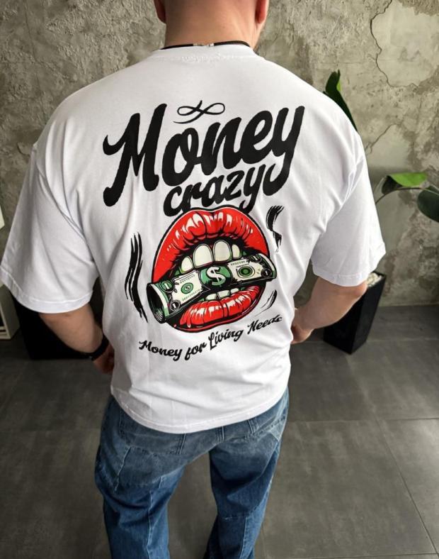 Футболка чоловіча біла оверсайз з принтом Money crazy, бавовна з поліестером - Фото 4
