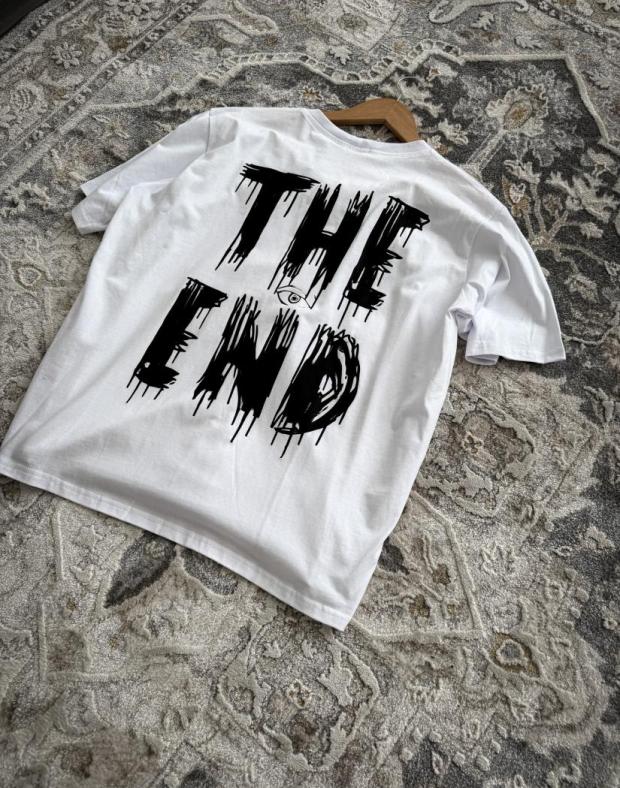 Футболка чоловіча біла оверсайз з принтом THE END, бавовна поліестер - Фото 3