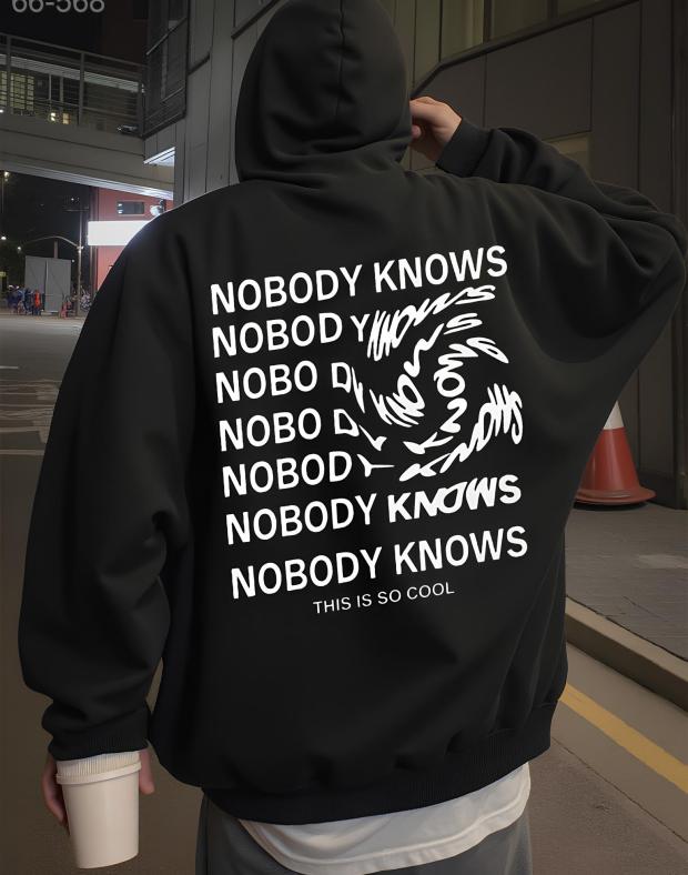 Худі чоловіче чорне оверсайз з принтом NOBODY KNOWS, тринитка