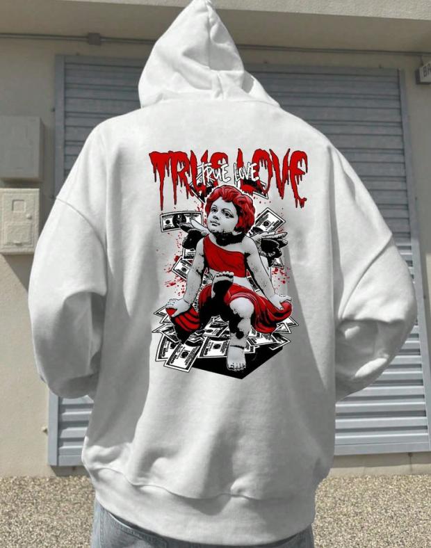 Чоловіче біле оверсайз худі з принтом TRUE LOVE, 100% бавовна