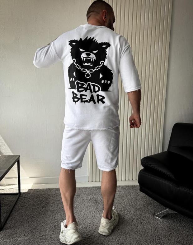 Комплект Футболка+Шорти чоловічий білий оверсайз з принтом Bad Bear, бавовна