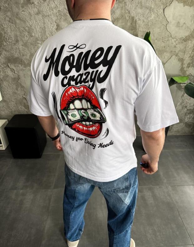 Футболка чоловіча біла оверсайз з принтом Money crazy, бавовна з поліестером - Фото 3