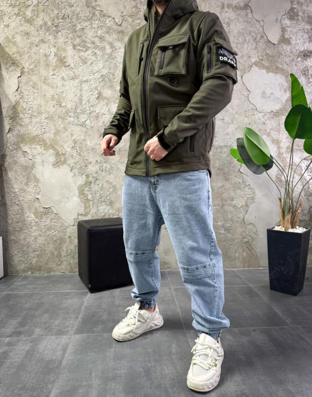 Вітрівка чоловіча хакі softshell на флісі з капюшоном