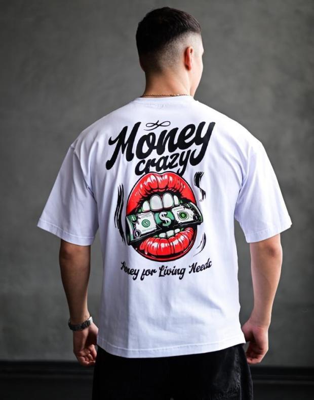 Футболка чоловіча біла оверсайз з принтом Money crazy, бавовна з поліестером