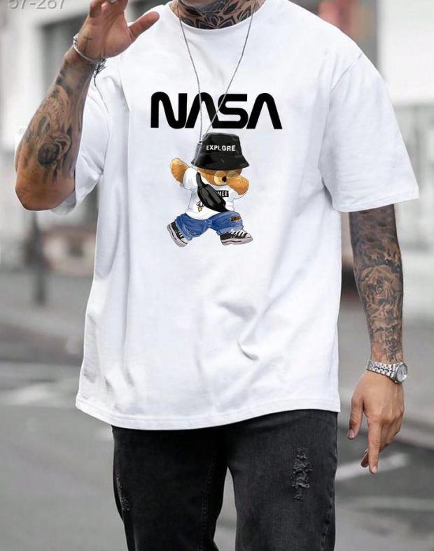 Футболка чоловіча біла оверсайз з принтом NASA і ведмедем, бавовна