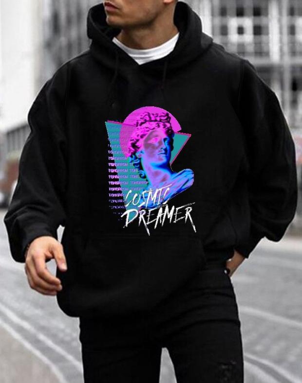 Чоловіче чорне худі оверсайз з принтом Cosmic Dreamer, 100% бавовна