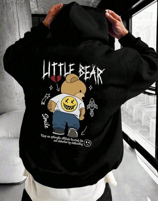 Чоловіче чорне худі оверсайз з принтом ведмедя Little Bear, бавовна