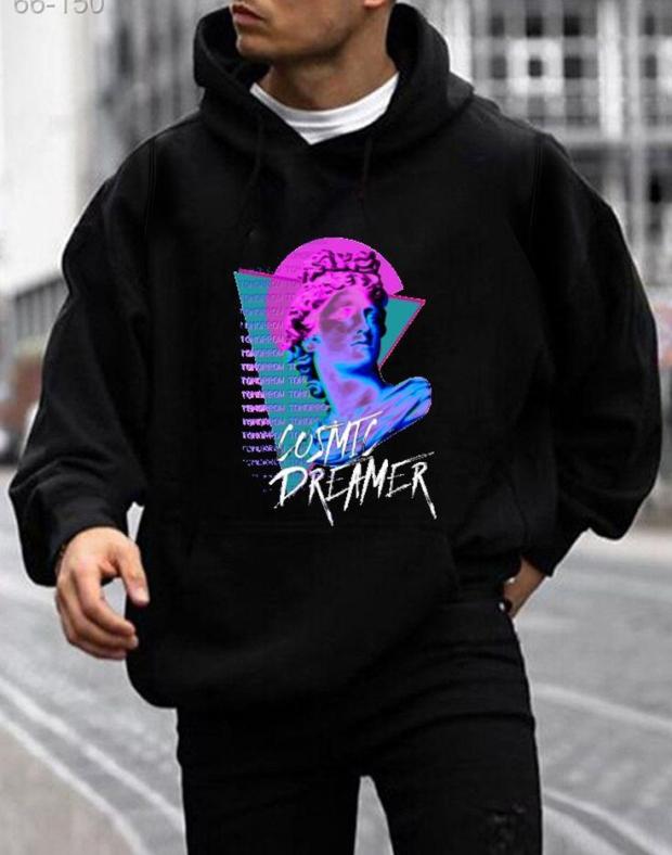 Чоловіче чорне худі оверсайз з принтом Cosmic Dreamer, 100% бавовна