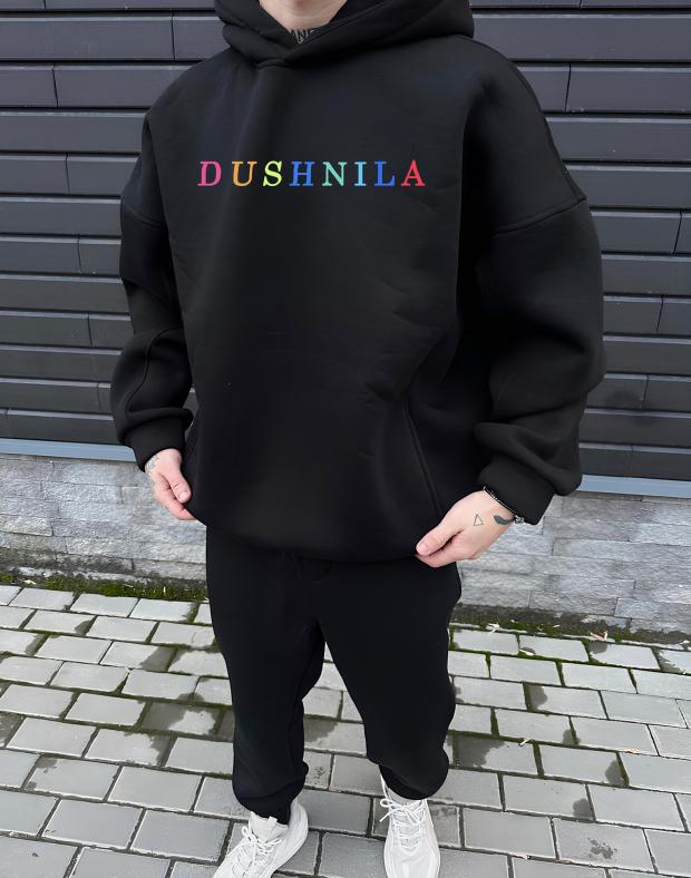 Чоловіче чорне оверсайз худі з принтом DUSHNILA, бавовна, S-XXL