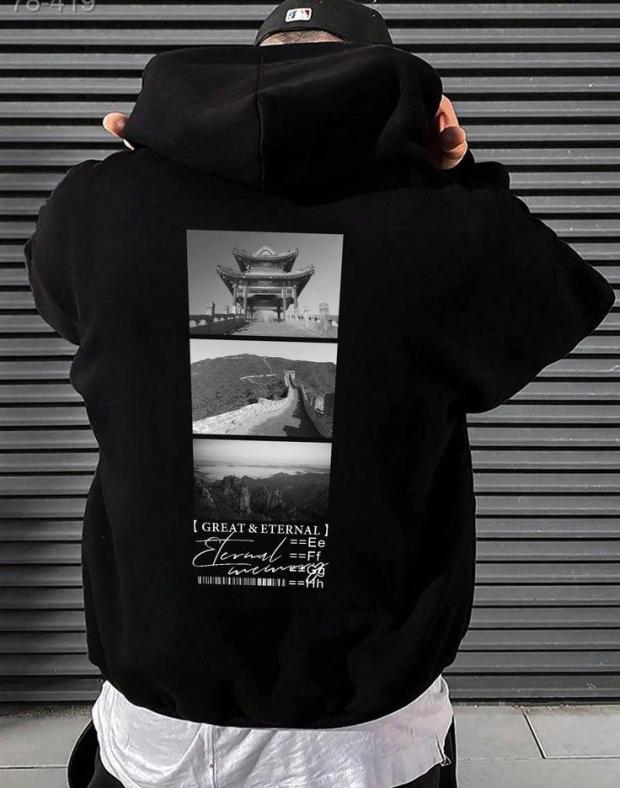 Чоловіче худі оверсайз чорне з принтом, бавовна, L-XXL