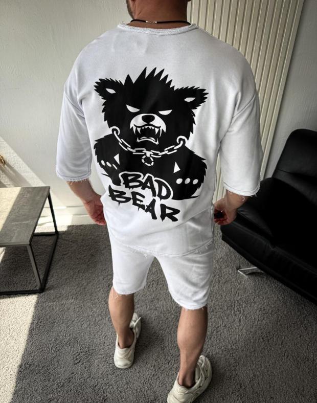 Комплект Футболка+Шорти чоловічий білий оверсайз з принтом Bad Bear, бавовна