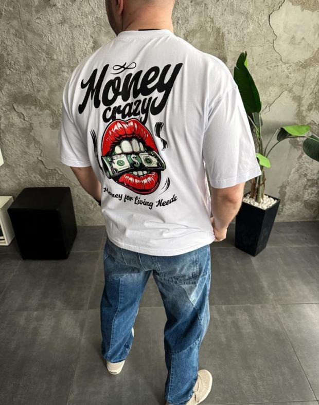 Футболка чоловіча біла оверсайз з принтом Money crazy, бавовна з поліестером