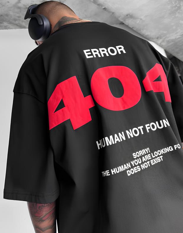 Футболка унісекс чорна оверсайз з принтом 404 Human Not Found, бавовна та поліестер