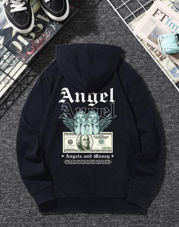 Чоловіче чорне оверсайз худі з принтом Angel and Money, бавовна