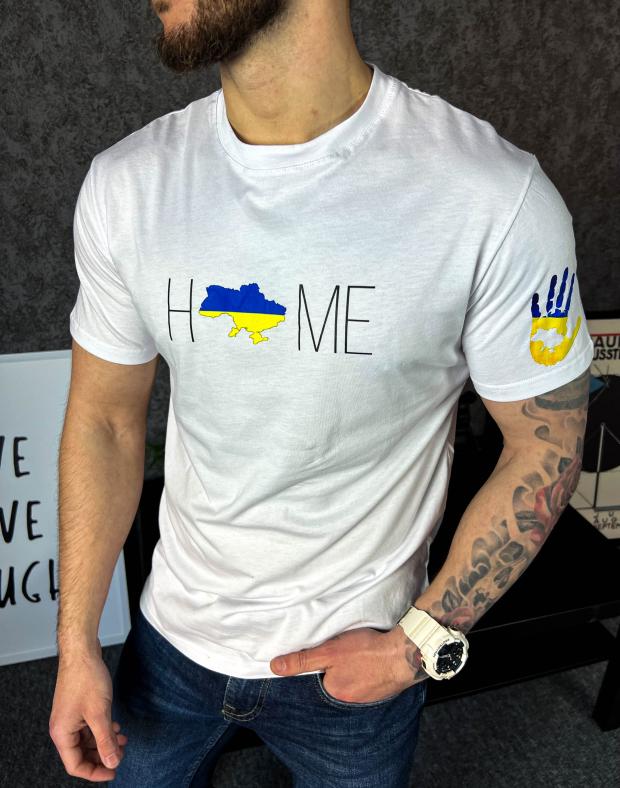 Футболка чоловіча біла з принтом HOME та картою України, бавовна