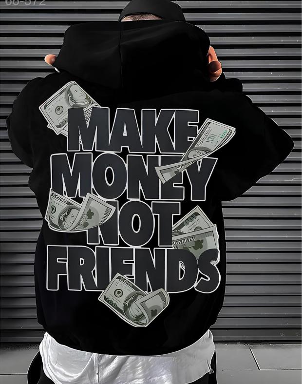 Худі унісекс чорне оверсайз з принтом MAKE MONEY NOT FRIENDS, бавовна