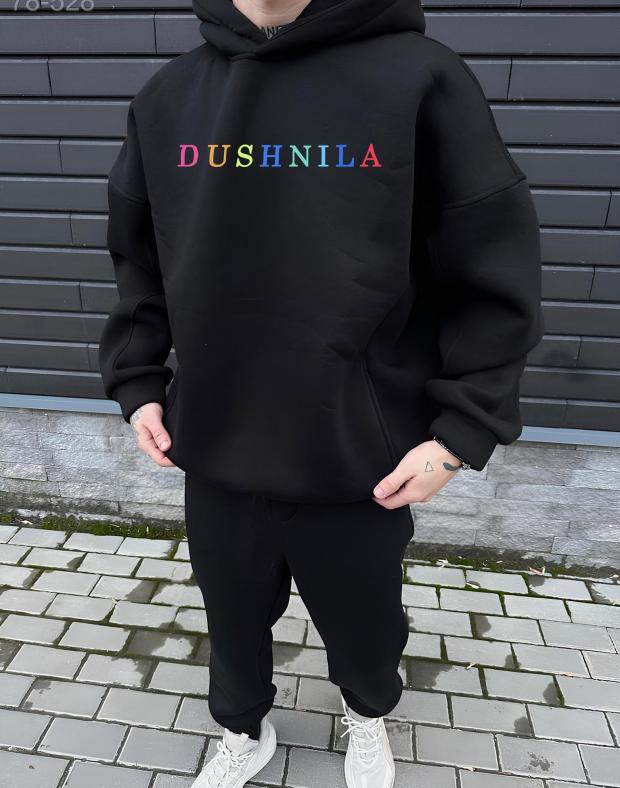 Чоловіче чорне оверсайз худі з принтом DUSHNILA, бавовна, S-XXL