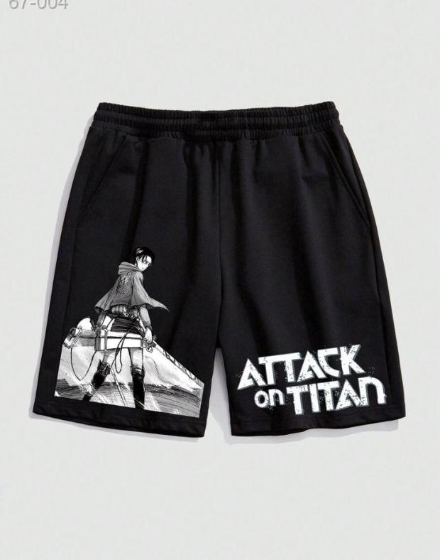 Чоловічі чорні шорти з принтом Attack on Titan, поліестер, для літа