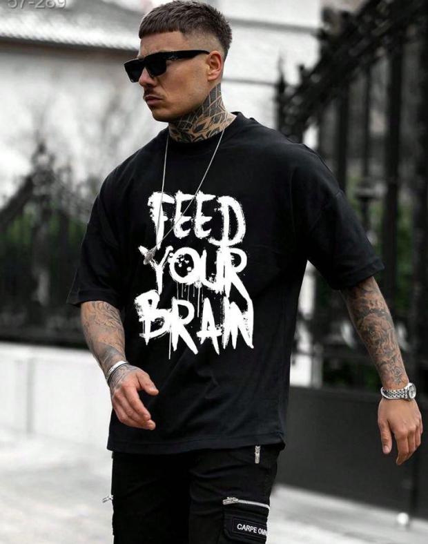 Чорна чоловіча футболка оверсайз з принтом FEED YOUR BRAIN, 100% бавовна