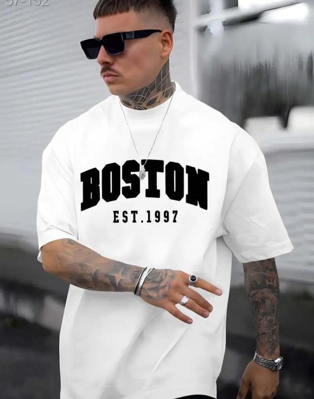 Чоловіча біла оверсайз футболка з принтом Boston зі 100% бавовни