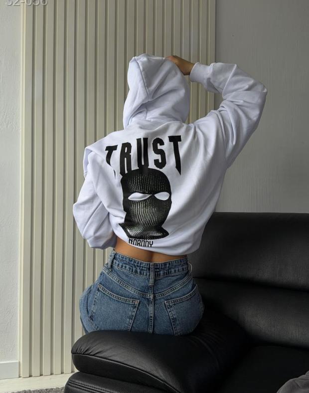 Худі жіноче біле оверсайз з принтом TRUST NOBODY, бавовна