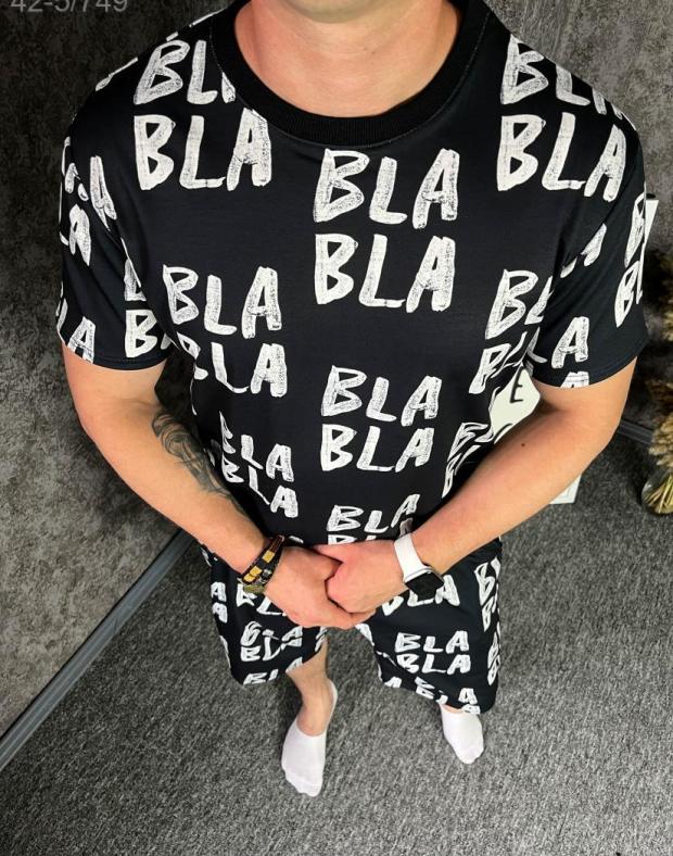 Комплект Футболка+Шорти чоловічий чорний з принтом BLA BLA, бавовна - Фото 3